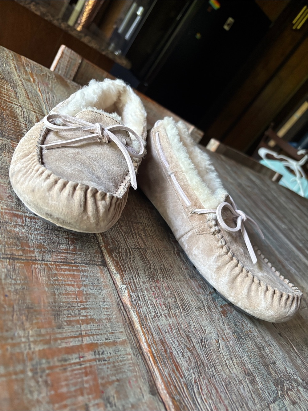 UGG Chestnut Suede Shearling Lined Moccasin Slippers - Picture 2 of 7